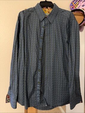 Robert Graham Men's Blue and Green Plaid Button-Down Shirt
